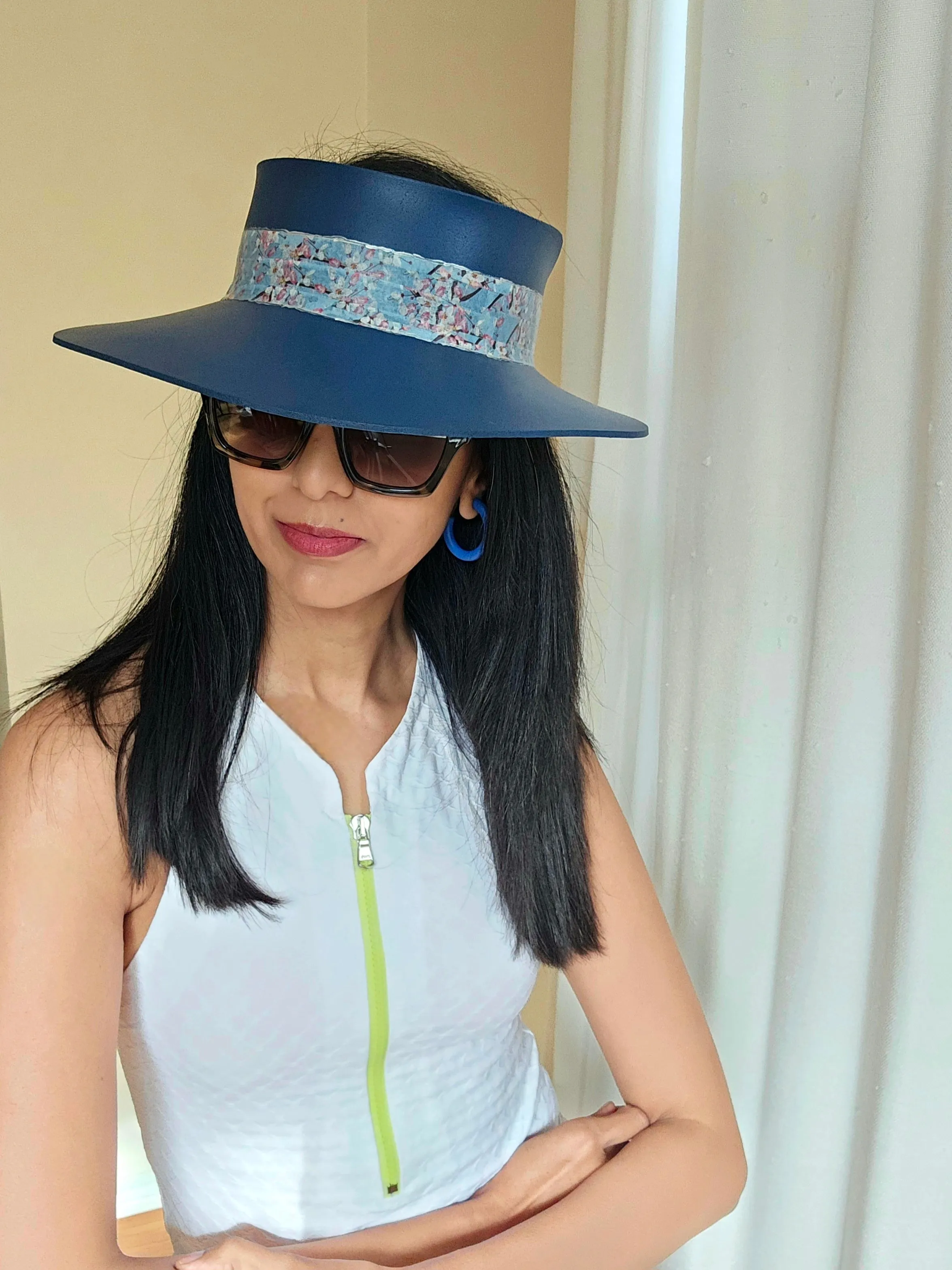 Tall Navy Blue "LadyEVA" Visor Hat with Pink and Blue Floral Band