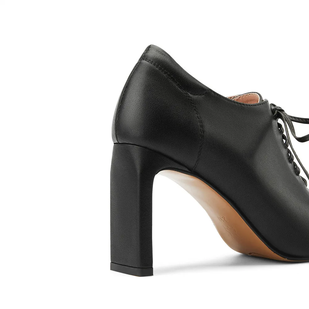 TinaCus Women's Genuine Leather Handmade Square Toe Lace Up Side Zip High Chunky Heel Plus-size Pumps