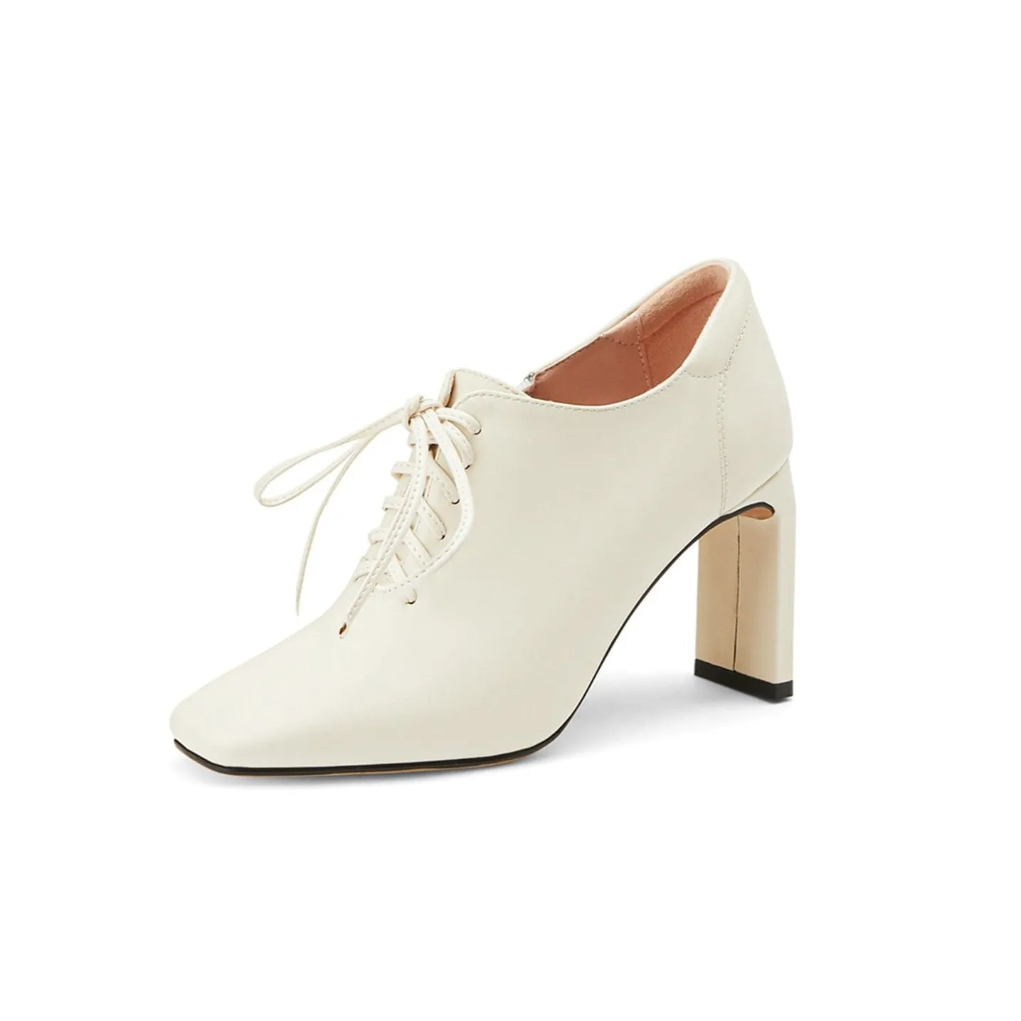 TinaCus Women's Genuine Leather Handmade Square Toe Lace Up Side Zip High Chunky Heel Plus-size Pumps