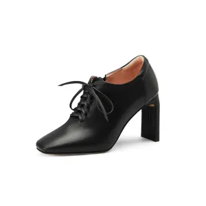 TinaCus Women's Genuine Leather Handmade Square Toe Lace Up Side Zip High Chunky Heel Plus-size Pumps