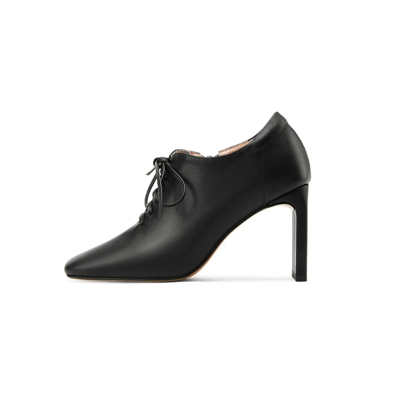 TinaCus Women's Genuine Leather Handmade Square Toe Lace Up Side Zip High Chunky Heel Plus-size Pumps