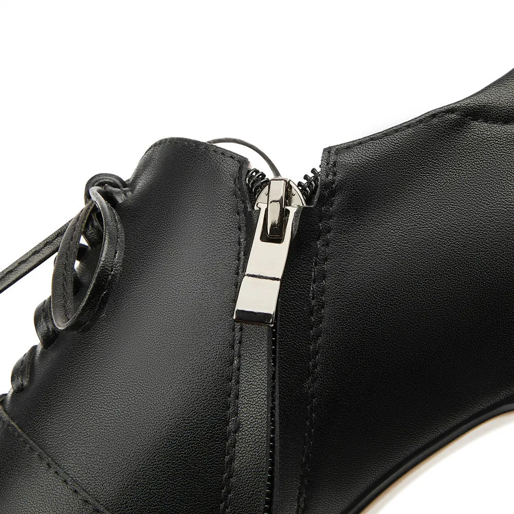 TinaCus Women's Genuine Leather Handmade Square Toe Lace Up Side Zip High Chunky Heel Plus-size Pumps