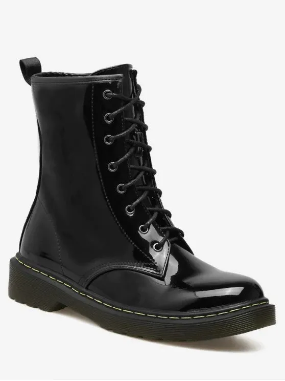 Trendy Tie Up Patent Leather Ankle Boots