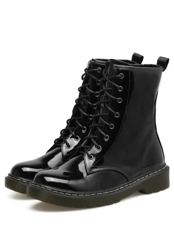 Trendy Tie Up Patent Leather Ankle Boots