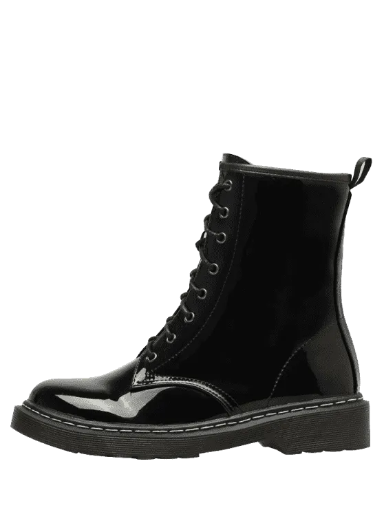 Trendy Tie Up Patent Leather Ankle Boots