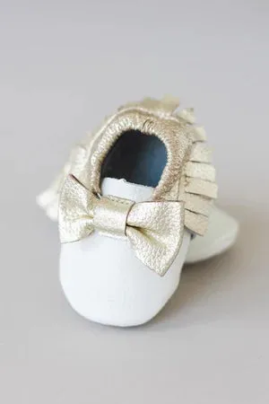 White and Gold Bow Leather Baby Moccasins