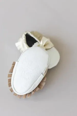 White and Gold Bow Leather Baby Moccasins