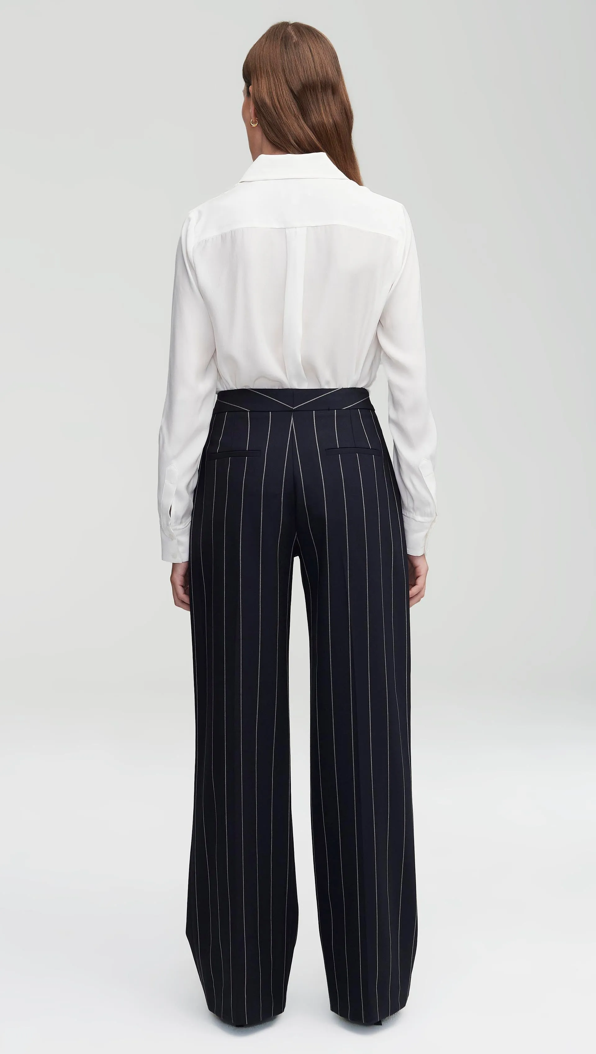 Wide Leg Trouser in Stretch Wool | Navy Stripe