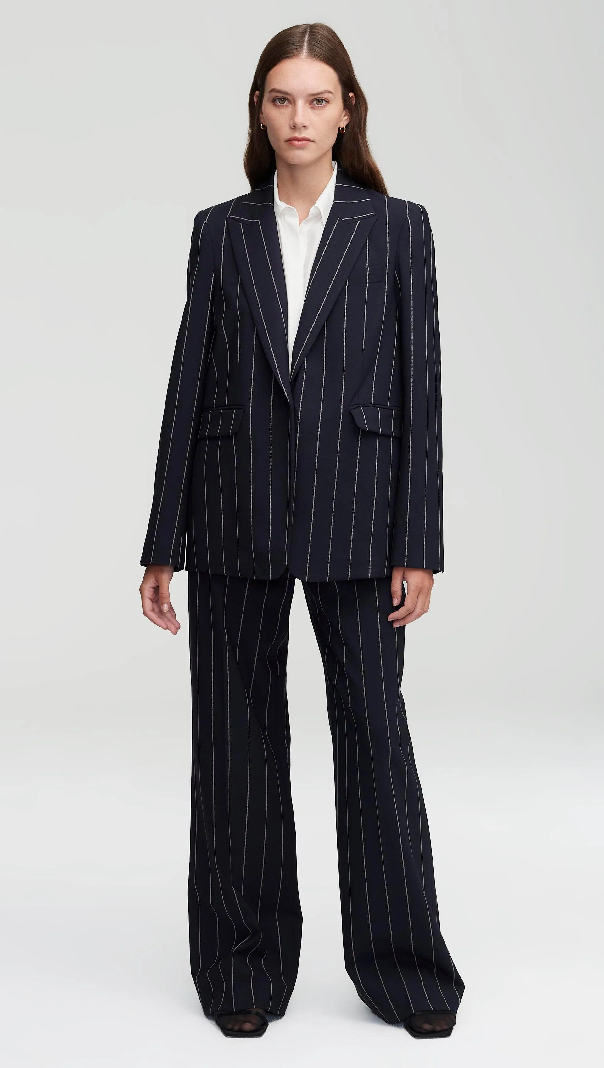 Wide Leg Trouser in Stretch Wool | Navy Stripe