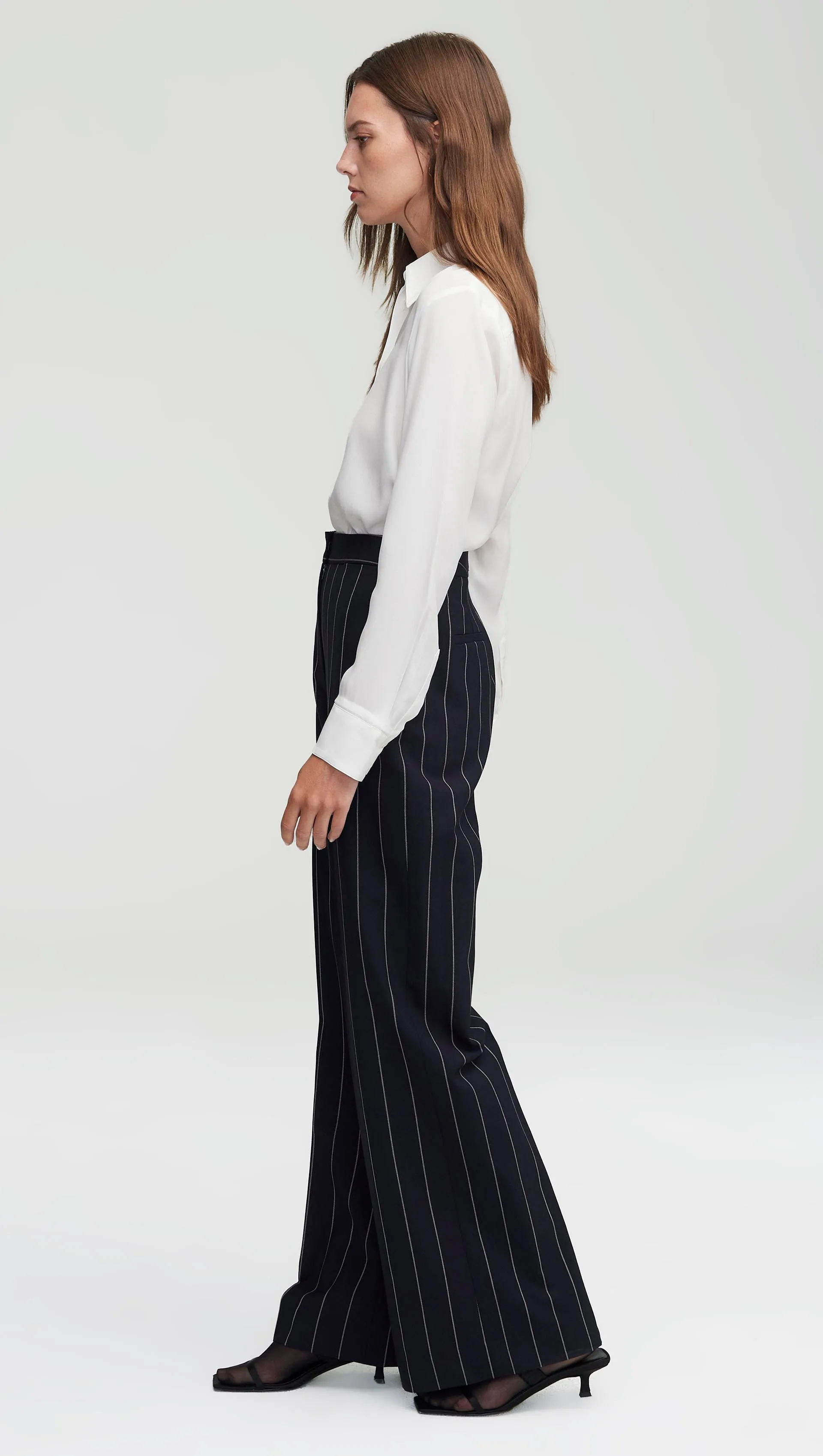 Wide Leg Trouser in Stretch Wool | Navy Stripe