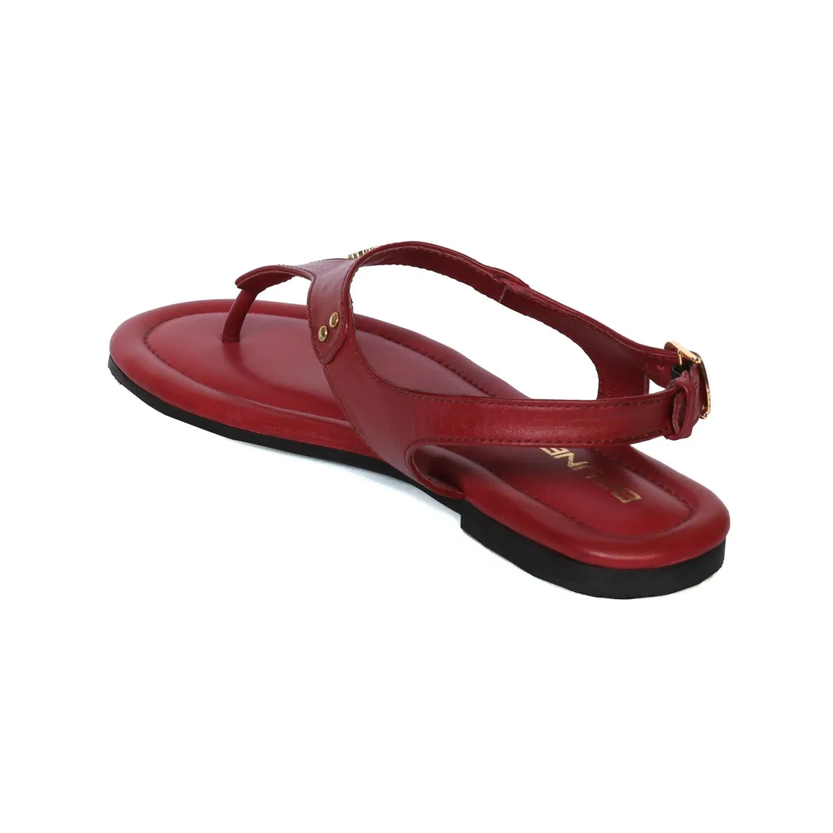 Wine Leather T-Strap Sandal with Toe Separator Loop Buckle