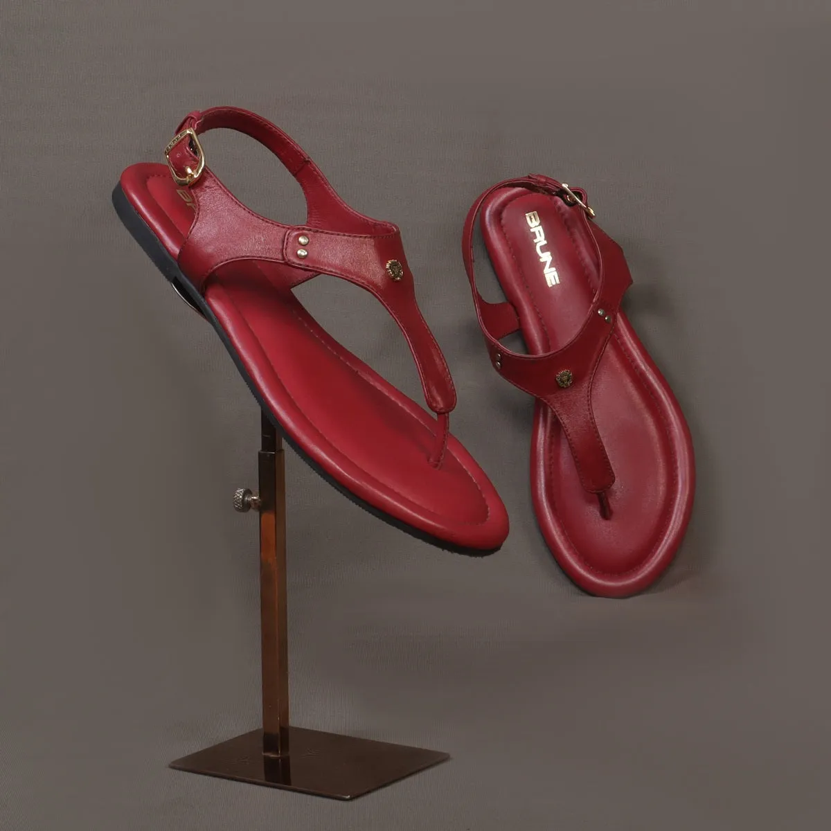 Wine Leather T-Strap Sandal with Toe Separator Loop Buckle