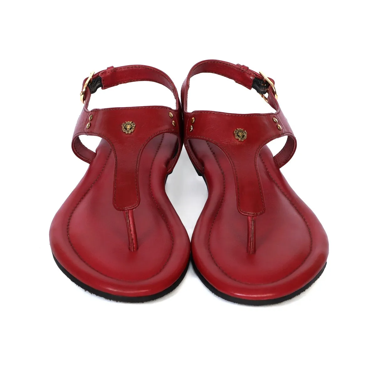 Wine Leather T-Strap Sandal with Toe Separator Loop Buckle