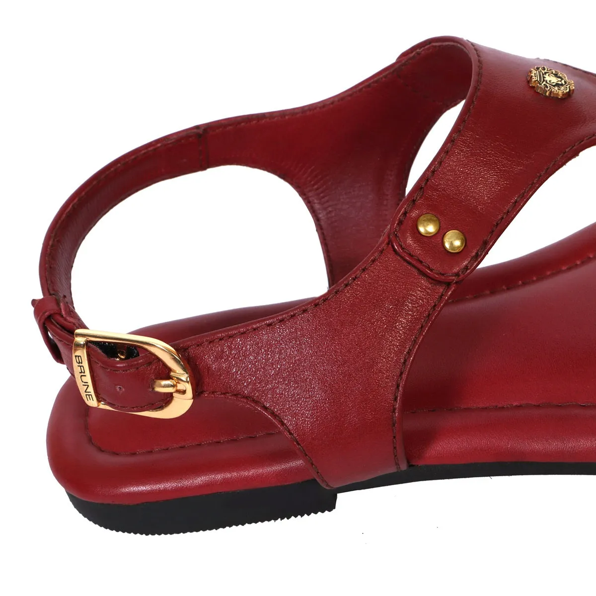 Wine Leather T-Strap Sandal with Toe Separator Loop Buckle