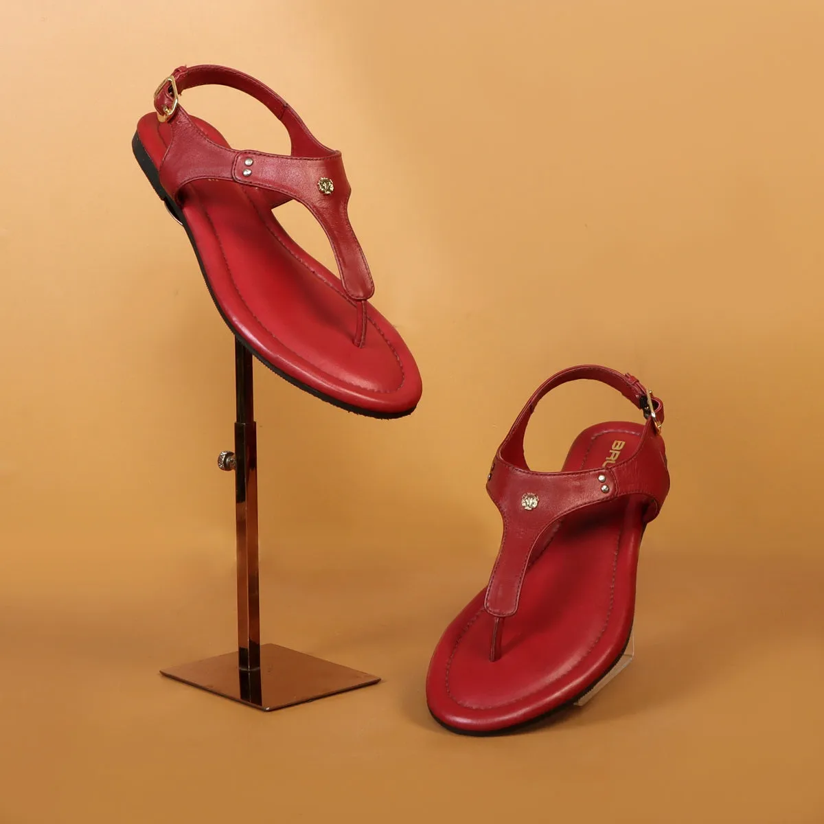 Wine Leather T-Strap Sandal with Toe Separator Loop Buckle