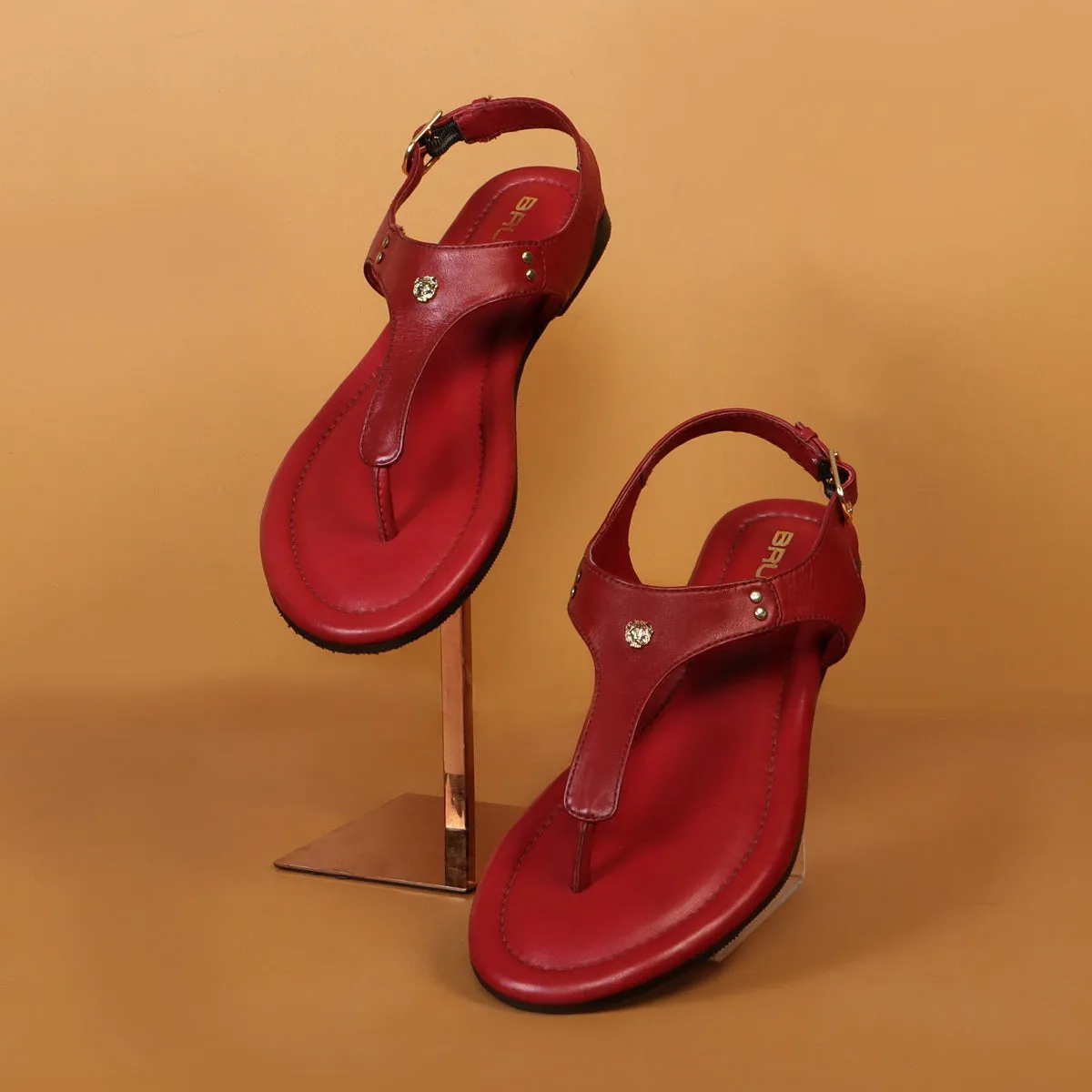 Wine Leather T-Strap Sandal with Toe Separator Loop Buckle