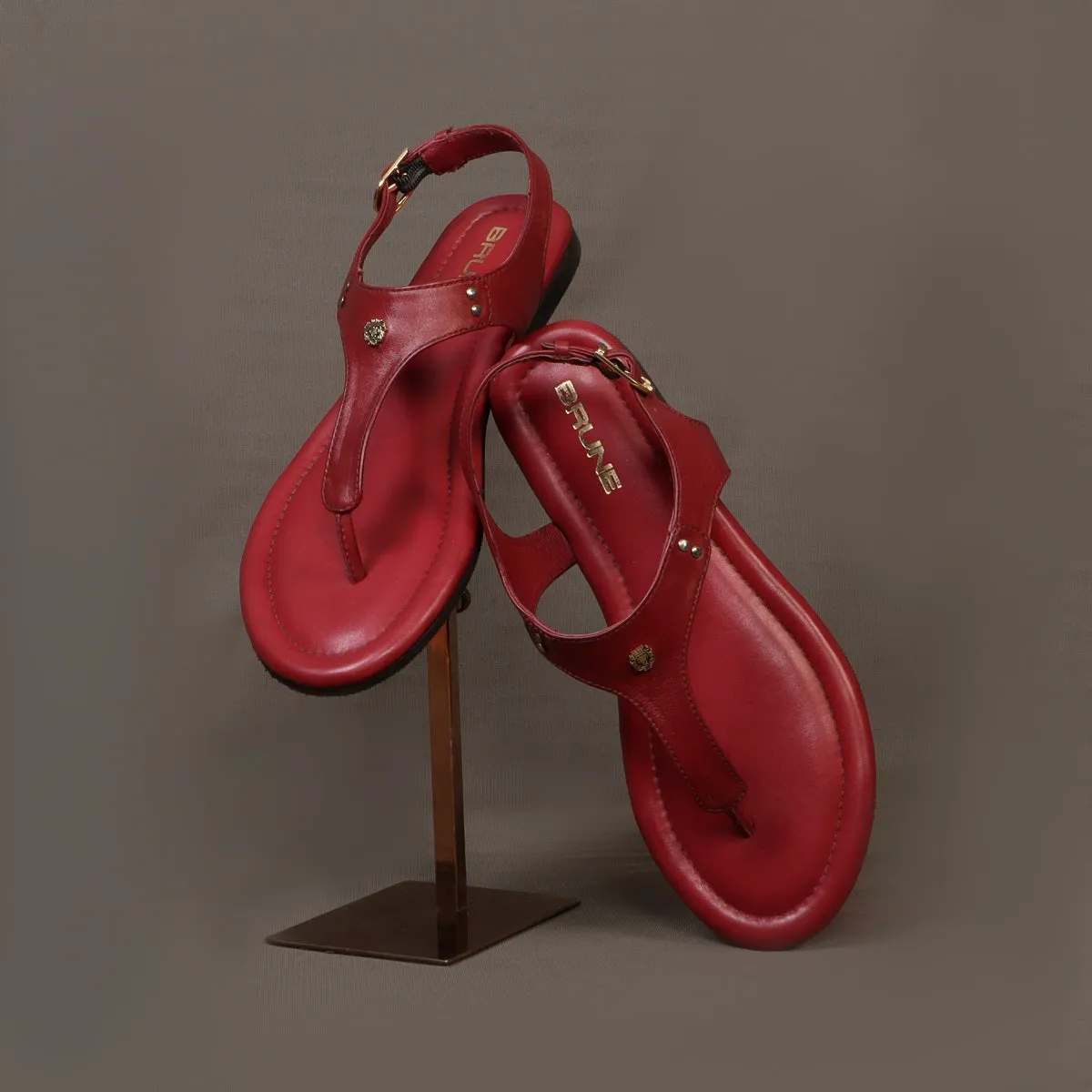 Wine Leather T-Strap Sandal with Toe Separator Loop Buckle