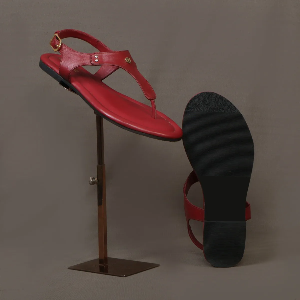 Wine Leather T-Strap Sandal with Toe Separator Loop Buckle
