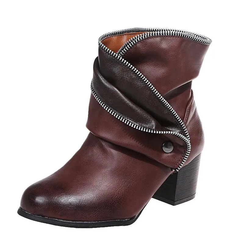 Women fashion ankle slip on chunky heeled booties