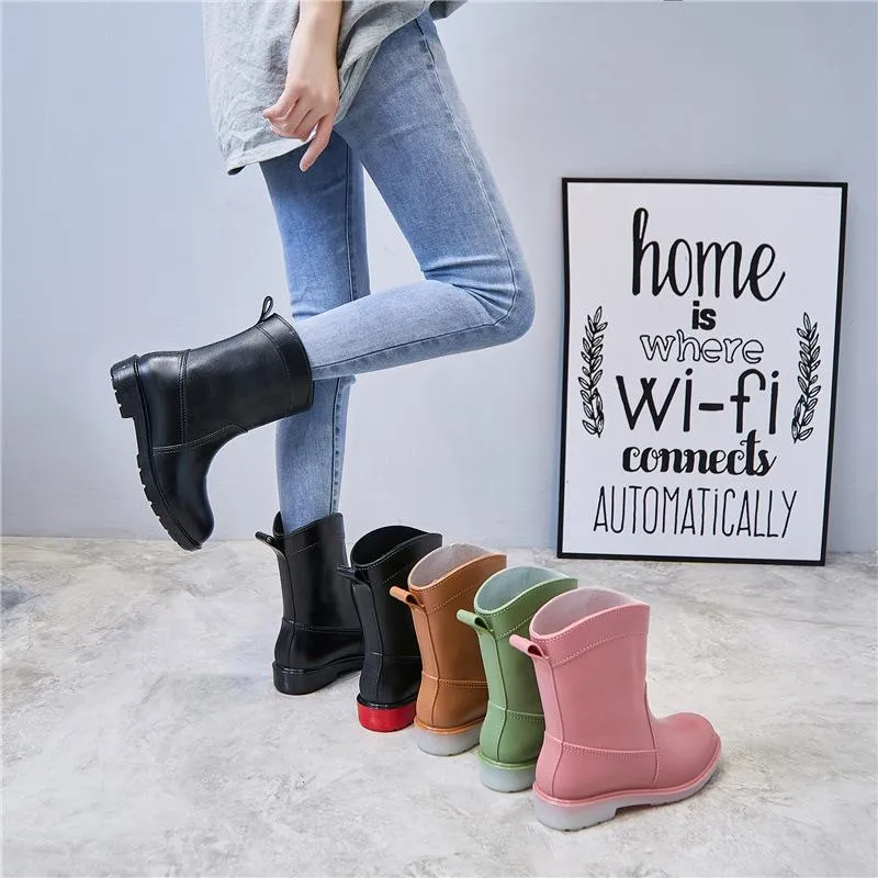 Women mid calf low heel antiskid slip on rain boots
