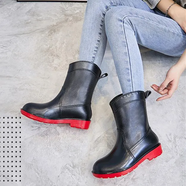 Women mid calf low heel antiskid slip on rain boots
