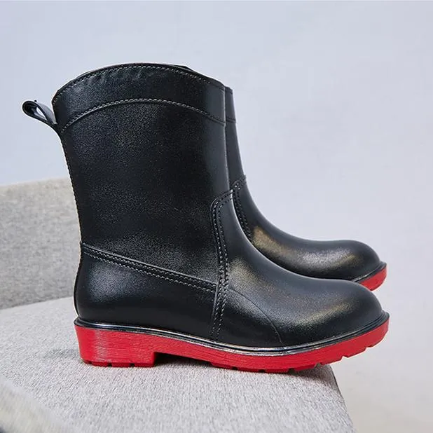 Women mid calf low heel antiskid slip on rain boots
