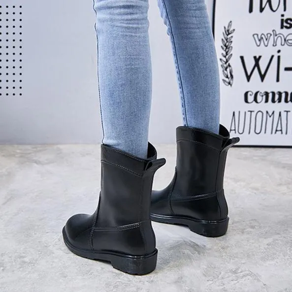 Women mid calf low heel antiskid slip on rain boots