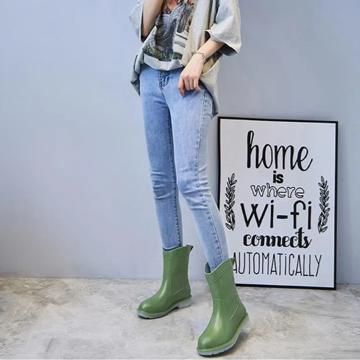 Women mid calf low heel antiskid slip on rain boots