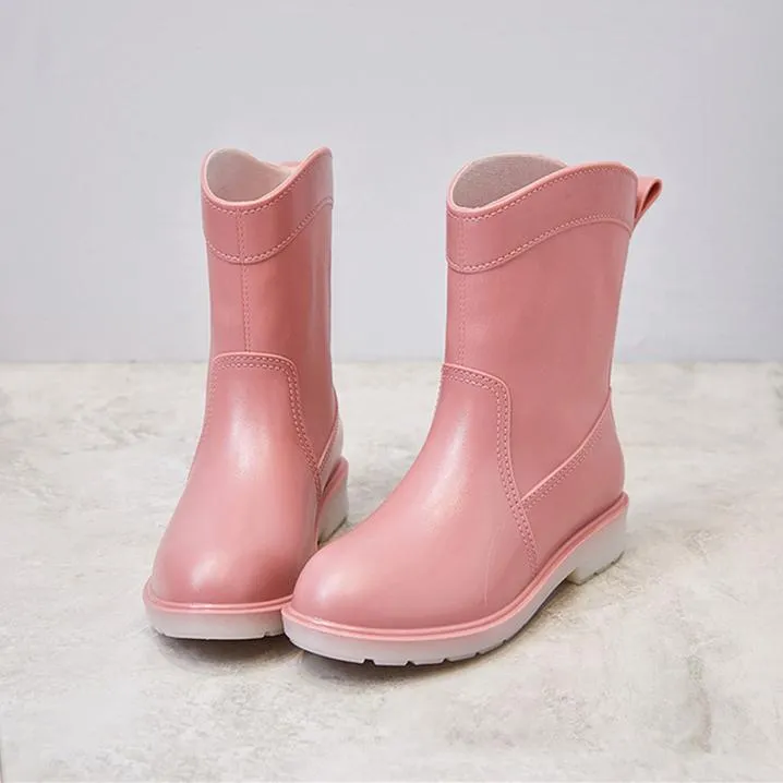 Women mid calf low heel antiskid slip on rain boots