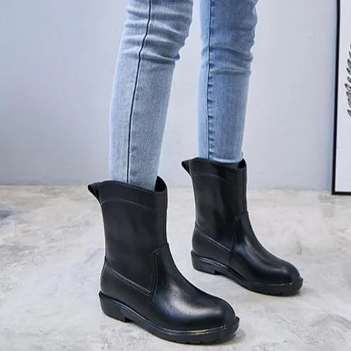 Women mid calf low heel antiskid slip on rain boots