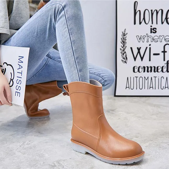 Women mid calf low heel antiskid slip on rain boots