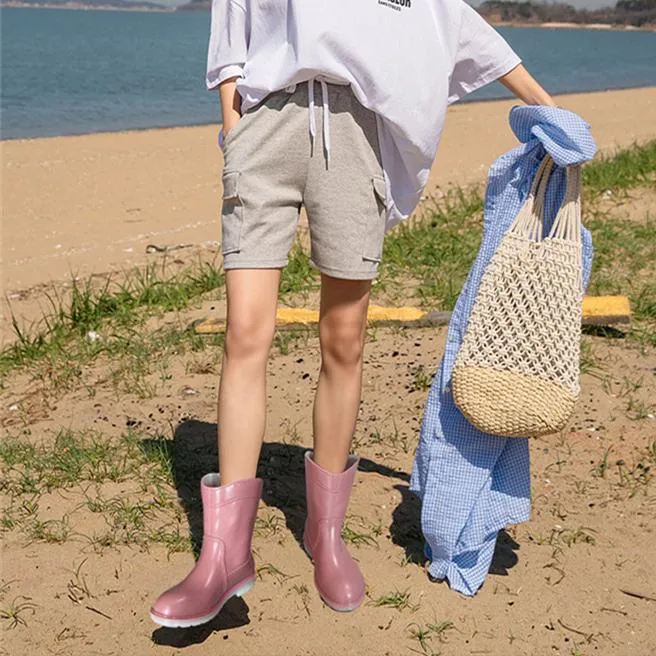 Women mid calf low heel antiskid slip on rain boots