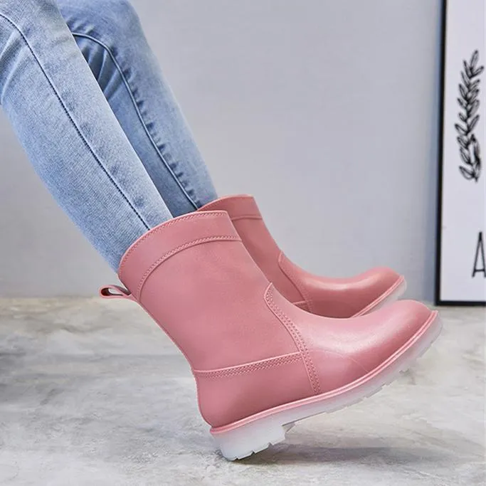 Women mid calf low heel antiskid slip on rain boots