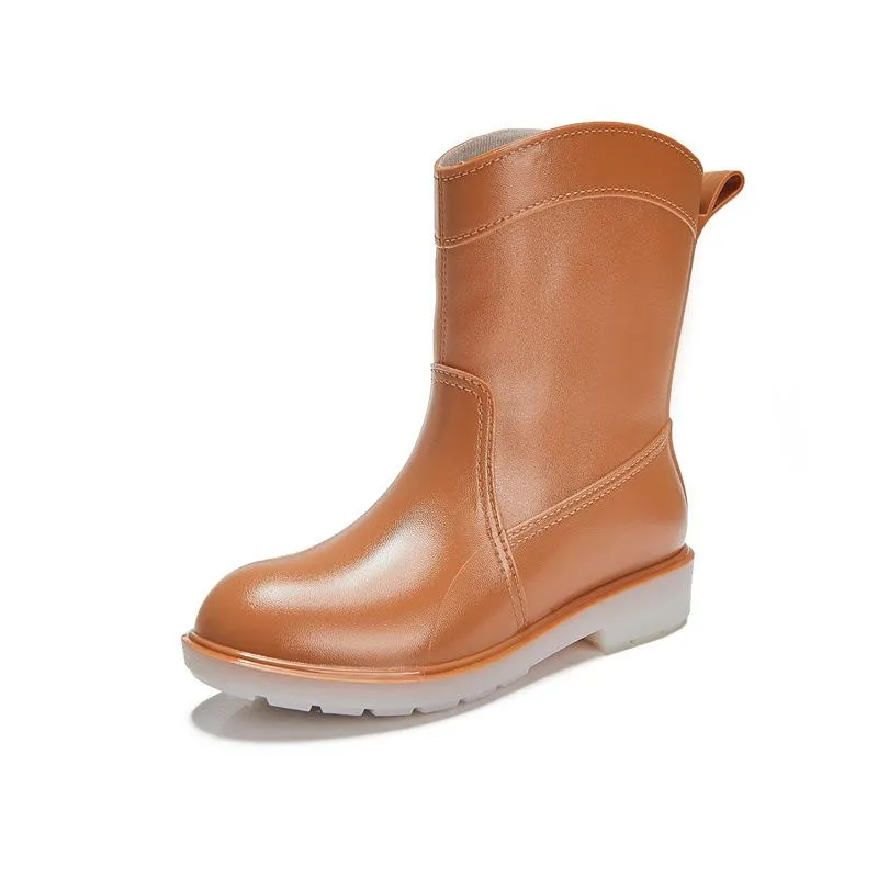 Women mid calf low heel antiskid slip on rain boots