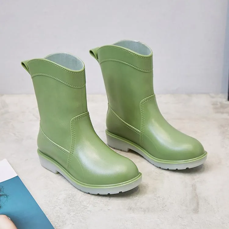 Women mid calf low heel antiskid slip on rain boots