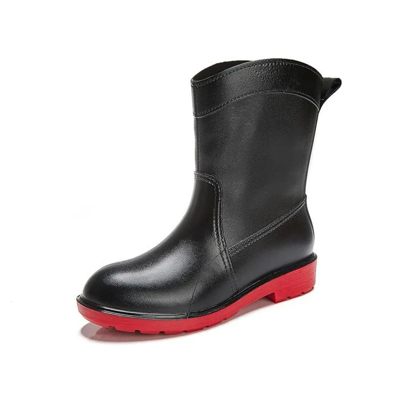 Women mid calf low heel antiskid slip on rain boots