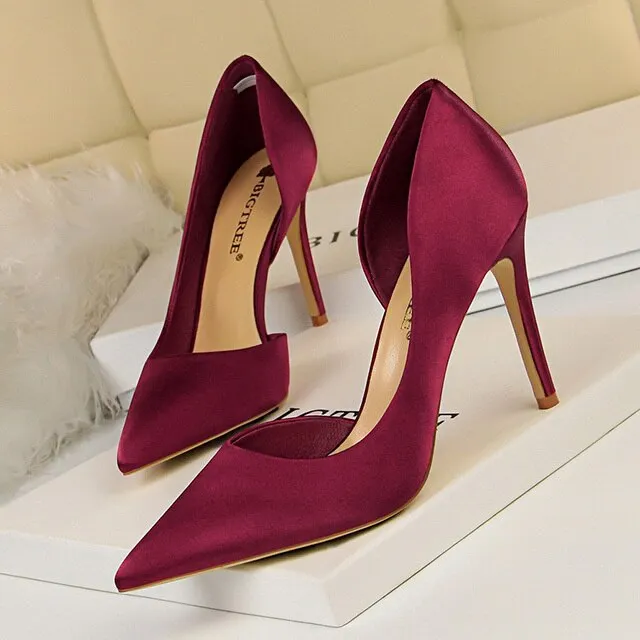 Women Satin Pointed Toe High Heels Dress Wedding Shoes