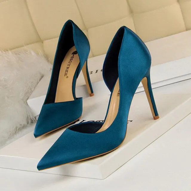 Women Satin Pointed Toe High Heels Dress Wedding Shoes