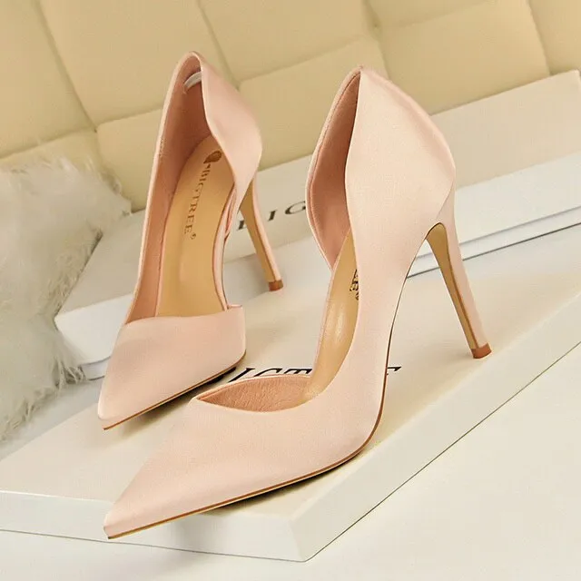 Women Satin Pointed Toe High Heels Dress Wedding Shoes