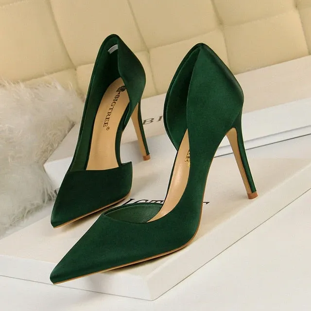 Women Satin Pointed Toe High Heels Dress Wedding Shoes