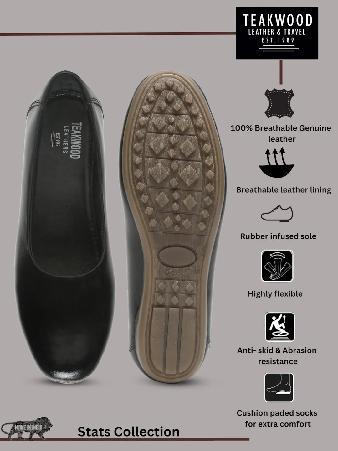 Women's Black Embossed Pattern Leather Ballet Flat Shoes
