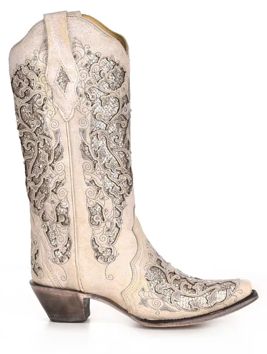Women's Corral A3322 13" White Glitter Inlay & Crystals Snip Toe (SHOP IN-STORES TOO)