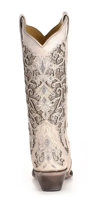 Women's Corral A3322 13" White Glitter Inlay & Crystals Snip Toe (SHOP IN-STORES TOO)