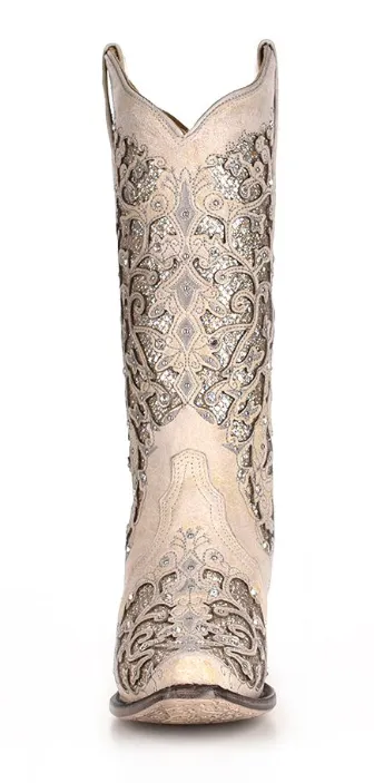 Women's Corral A3322 13" White Glitter Inlay & Crystals Snip Toe (SHOP IN-STORES TOO)