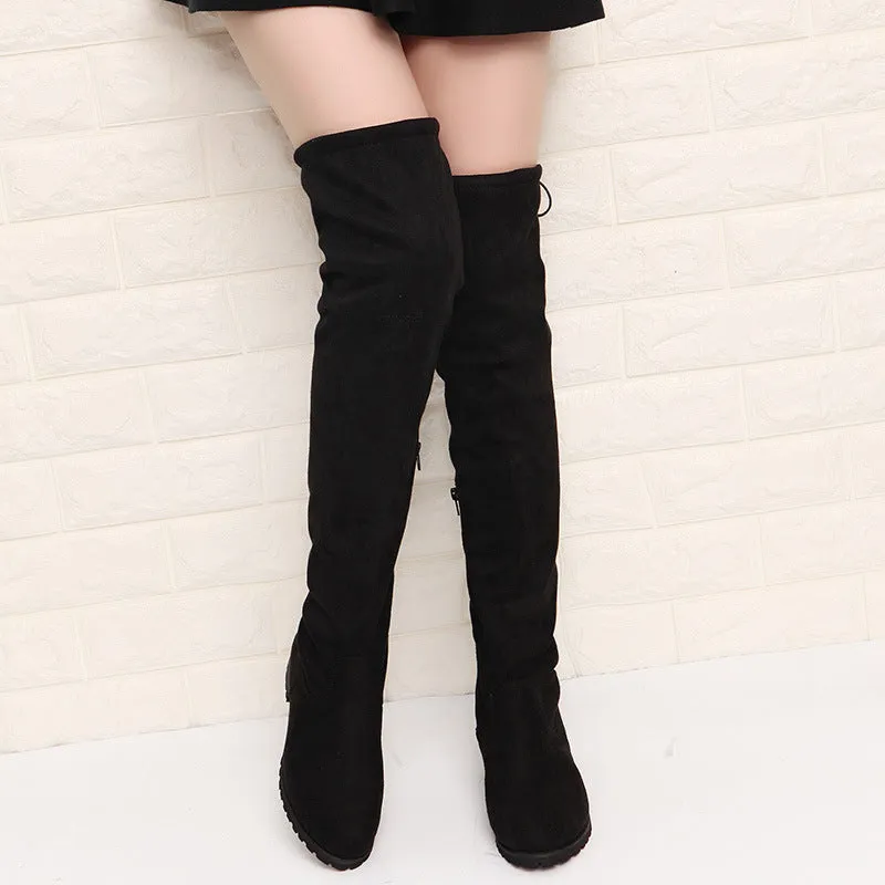 Women's faux suede flat thigh high boots back tie-up