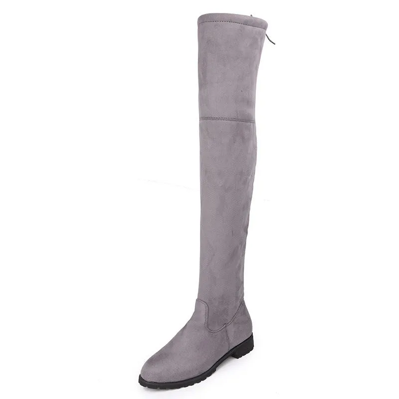 Women's faux suede flat thigh high boots back tie-up