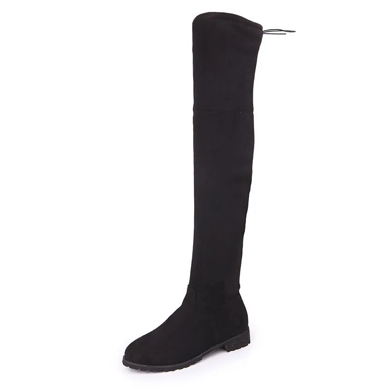 Women's faux suede flat thigh high boots back tie-up
