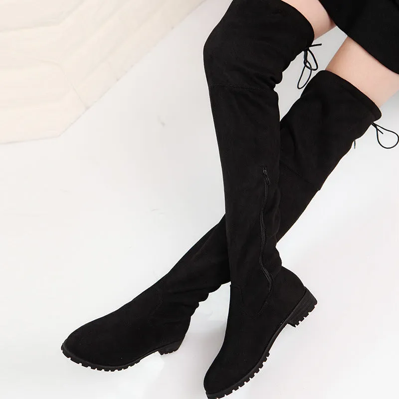 Women's faux suede flat thigh high boots back tie-up
