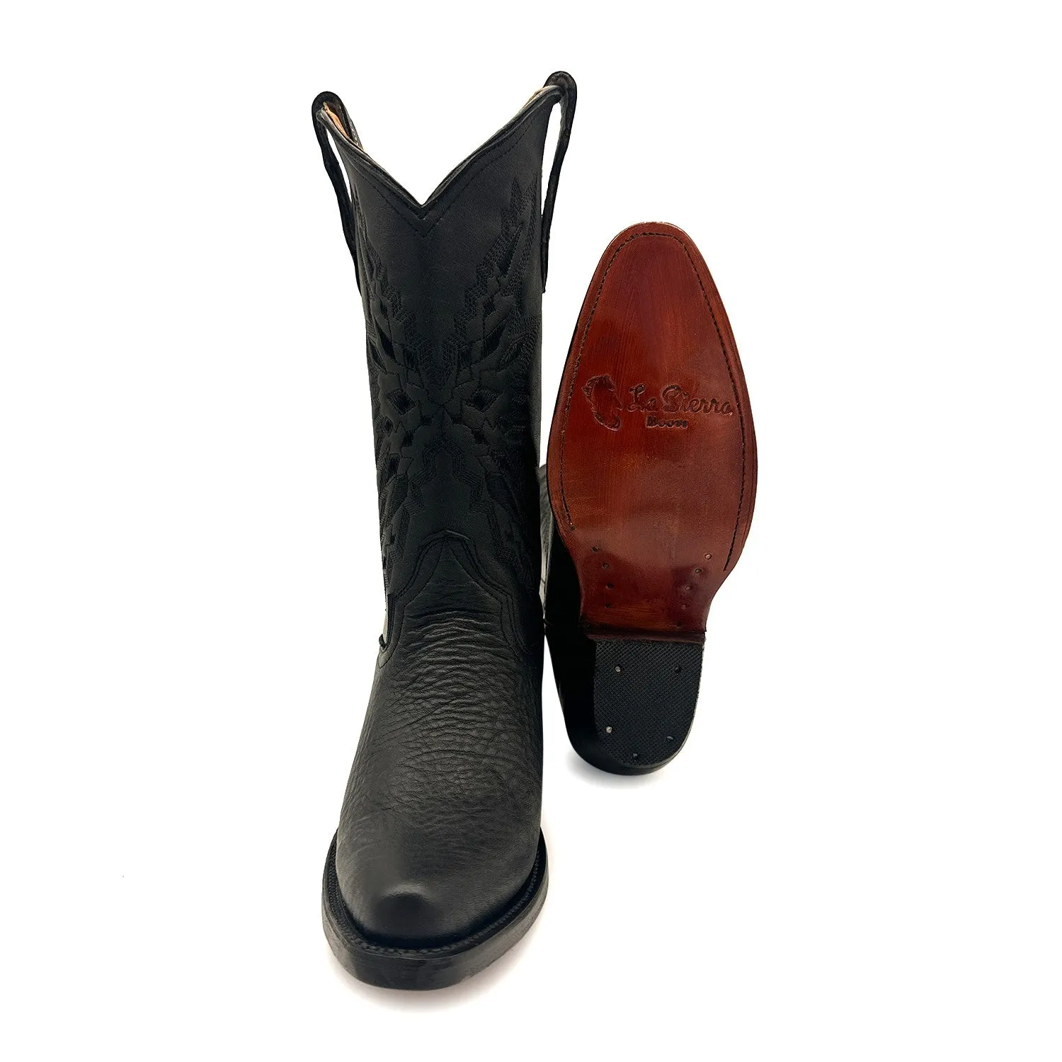 Women’s Genuine Leather Pointed Toe Mid Calf Black Western Boots