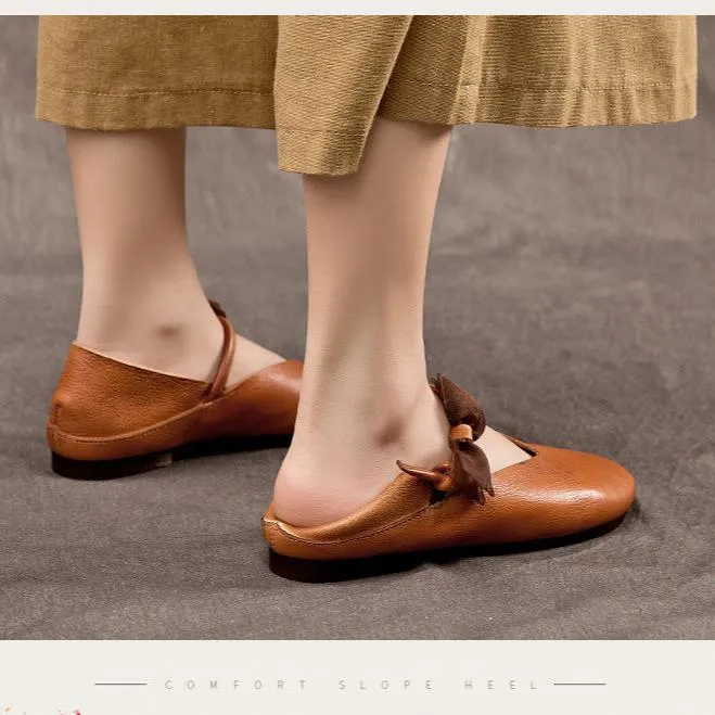 Womens Handmade Bow Comfort Pointed Toe Cowhide Leather Flats